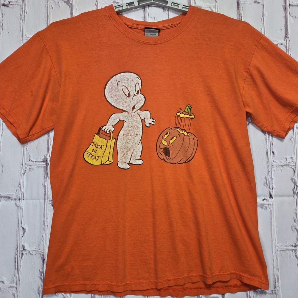 Vintage Y2K Casper Ghost T-Shirt Orange Halloween Trick or Treat Graphic Mens L